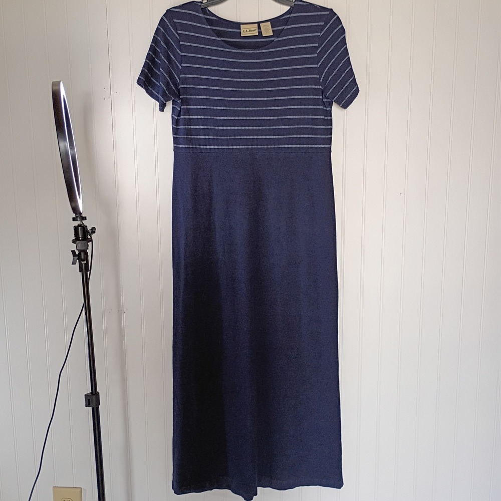 VTG L.L. Bean Women's Size Small Blue White Stripe Modest Comfortable Maxi Dress